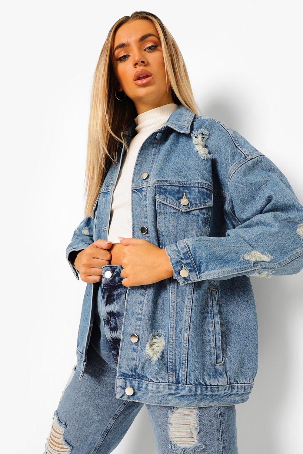 Women s Distressed Oversized Denim Jacket Boohoo UK